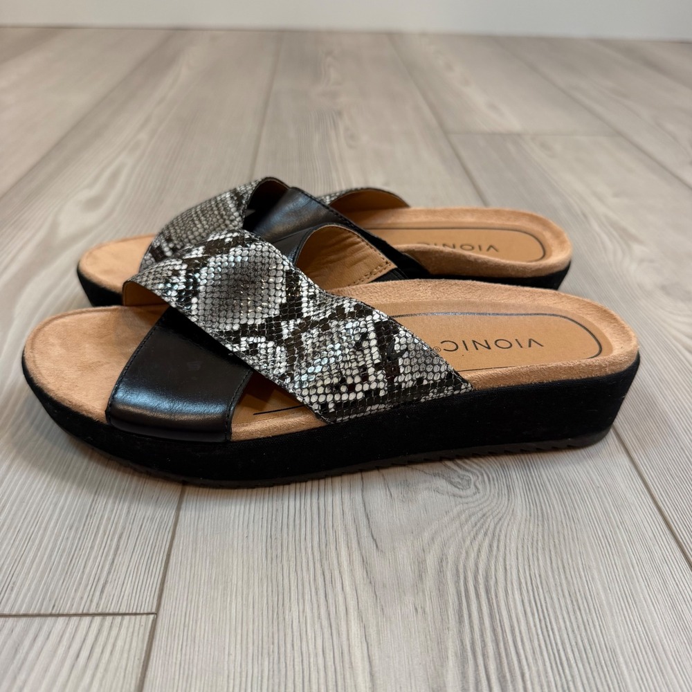 Vionic Hayden Natural Snake Black Leather Platform Slide Sandals 8.5 10010472